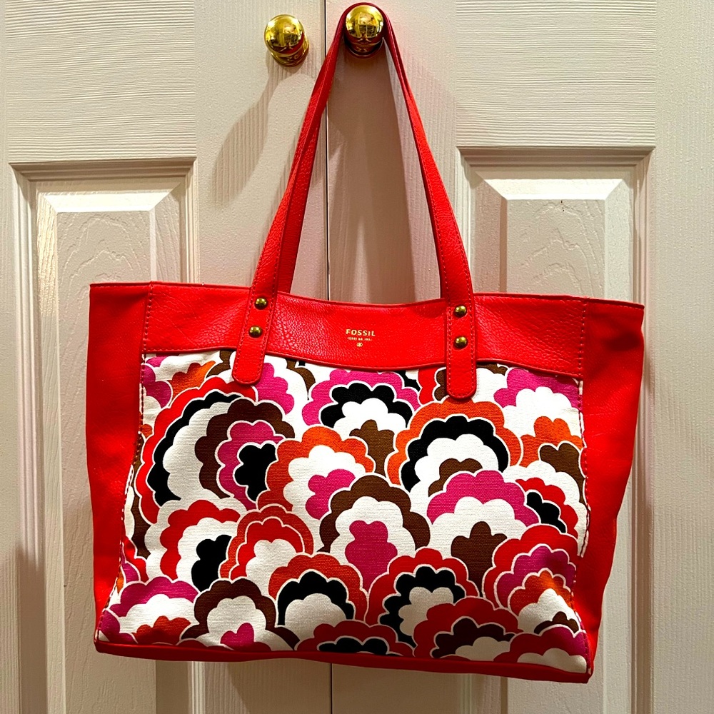 Fossil large tote floral pink white 13 x 10